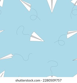 Fabric print art pattern. Paper airplane with line, blue background.