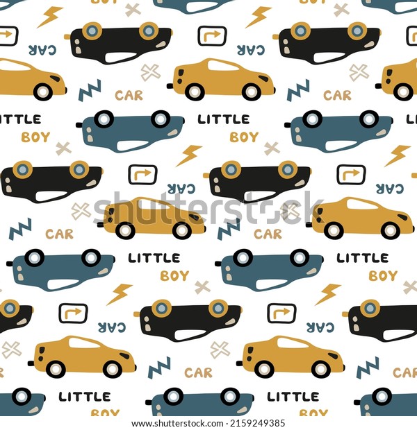 Fabric print for baby boys with cars in\
Scandinavian style. Seamless pattern with cartoon transport,\
freehand words. White background. Trendy nursery wallpaper. Hand\
drawn flat childish\
illustration.
