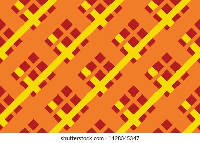 Fabric print. Seamless geometric pattern with intersecting lines, stripes, cell, squares, rectangles. Design for printing on fabric, paper, wrapper. Vector illustration in orange, yellow shades
