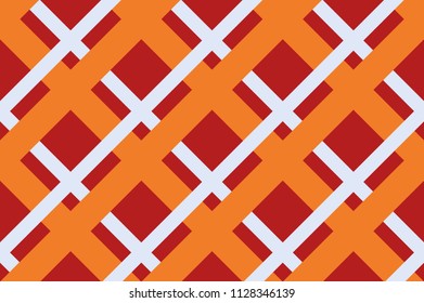 Fabric print. Seamless geometric pattern with intersecting lines, stripes, cell, squares, rectangles. Design for printing on fabric, paper, wrapper. Vector illustration in orange, yellow shades