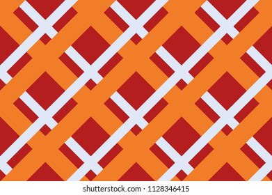 Fabric print. Seamless geometric pattern with intersecting lines, stripes, cell, squares, rectangles. Design for printing on fabric, paper, wrapper. Vector illustration in orange, yellow shades