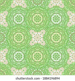 Diseño gráfico sin fisuras con diseño simétrico de impresión de tejidos. Ornamento abstracto de mandala. Patrón simétrico colorido de encaje doodle. Decoración redonda de baldosas. Diseño de impresión de tela de manteles.