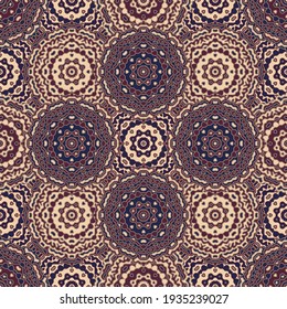 Fabric print symmetrical pattern seamless graphic desgin. Modern mandala ornament. Simple colorful symmetric pattern of doodle lace. Round ornament tile decor. Silk neck scarf print design.