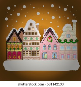 Fabric print. Winter nature landscape. Vector illustration., EPS 10. Mountains, fir-trees. Winter city with trees, cute houses, sun.