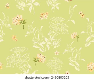 Fabric printing patterns, garment patterns. Lily lower, fruits, colors.  Green. Roller printing. Printed on the fabric in the rotary screen printing machine. Maximum is 16 to 18 color.  3D printing.