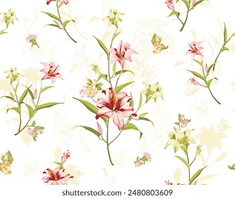 Fabric printing patterns, garment patterns. Lily lower, fruits, colors. White. Roller printing. Printed on the fabric in the rotary screen printing machine. Maximum is 16 to 18 color.  3D printing.