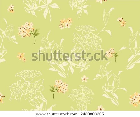 Fabric printing patterns, garment patterns. Lily lower, fruits, colors.  Green. Roller printing. Printed on the fabric in the rotary screen printing machine. Maximum is 16 to 18 color.  3D printing.