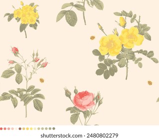 Fabric printing patterns, garment patterns. Roses, fruits, colors. Roller printing. Printed on the fabric in the rotary screen printing machine. Maximum is 16 to 18 color.  3D printing.