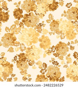 Fabric printing patterns, garment patterns. Roses, leaves, colors.Yellow. Roller printing. Printed on the fabric in the rotary screen printing machine. Maximum is 16 to 18 color.  3D printing.