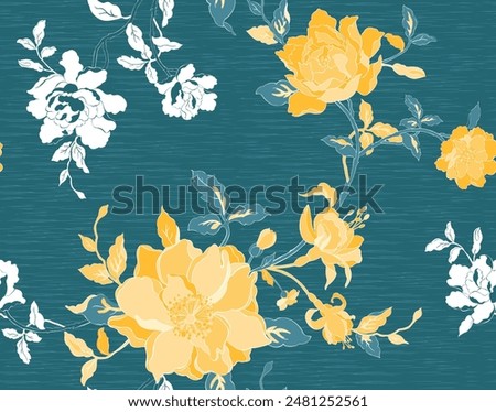 Fabric printing patterns, garment patterns. Yellow and white stylized peony flowers with blurred. Printed on the fabric in the rotary screen printing machine. Maximum is 16 to 18 color.  3D printing. 