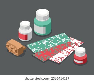 Tecnologías de impresión de tejidos de fondo isométrico con tarros de pintura y trozos de tela con patrones de color ilustración vectorial