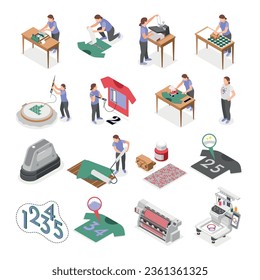 Tecnologías de impresión de tejidos iconos isométricos conjunto de personas que crean diseños en tela usando la impresión de pantalla de seda y máquina de teñido ilustraciones vectoriales aisladas