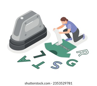 Fabric printing technologies isometric vector illustration with woman making inscription on t shirt with stencil