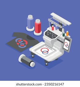 Fabric printing technologies violet background fabric dyeing machine t shirt and tubes of paint isometric vector illustration