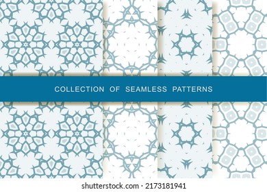 Fabric prints. Set. 8 Seamless patterns. Abstract geometric patterns.