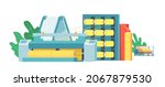 Fabric Production Factory Interior with Working Weaver Loom Machine Creating Cloth. Textile Machinery Manufacture, Plant Facilities, Equipment for Producing Textile. Cartoon Vector Illustration