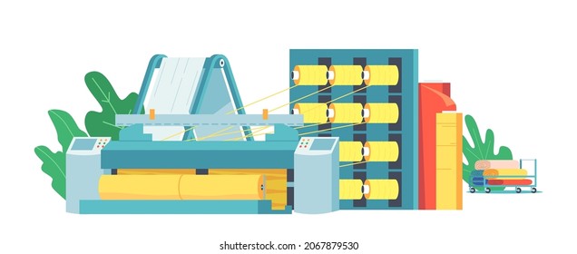 Fabric Production Factory Interior with Working Weaver Loom Machine Creating Cloth. Textile Machinery Manufacture, Plant Facilities, Equipment for Producing Textile. Cartoon Vector Illustration