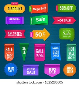 Fabric promo banners. Big sale badges merchandizing promotional textile discount tags with striped sewing lines vector set