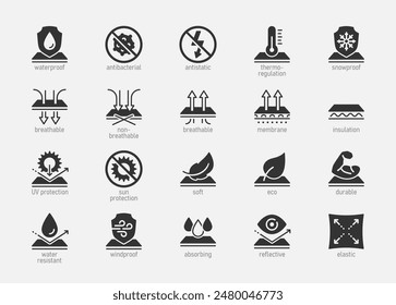 Stoffeigenschaften und Eigenschaften Vektorgrafik Icon Set im Glyph-Stil.