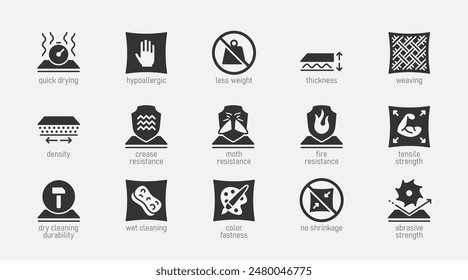 Fabric Properties and Characteristics Vector Icon Set In Glyph Style.