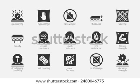 Fabric Properties and Characteristics Vector Icon Set In Glyph Style.