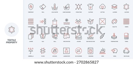 Fabric properties, feather and cotton, wool and leather, information line icon set. Water, sun and wind resistant, breathable material, fiber thin black and red outline symbols vector illustration