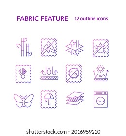 Fabric properties outline icons set. Textile industry. Easy care, breathable material. Bamboo fiber. Moth protection. Gradient symbol. Isolated vector stock illustration