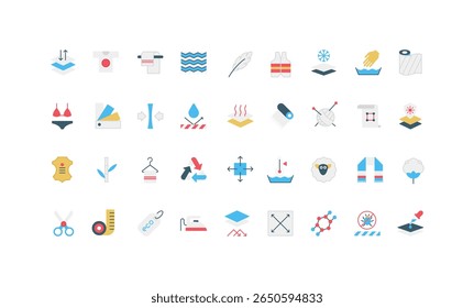 Fabric properties, protective feature of natural and synthetic material, textile industry color icon set. Craft wool and cotton, leather and feather, bamboo yarn for clothes flat vector illustration
