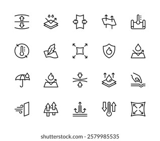 Fabric properties related vector linear icons set. Contains such icons as stretch, density, lightness, fabric, softness and more. Isolated fabric  related icons collection on white background.