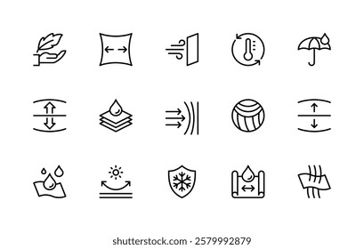 Fabric properties related vector linear icons set. Isolated icon collection such as lightweight, stretch, breathability, thermal insulation and more. Isolated icon collection of fabric related.