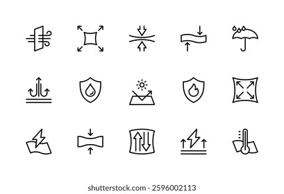 Fabric properties related vector linear icons set. Isolated icon collection such as breathable, stretch, anti-static, durability, softness and more. Isolated icon collection of fabric related.
