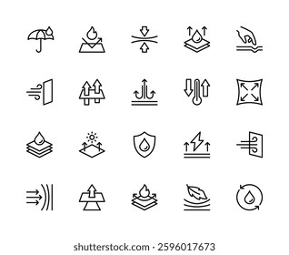 Fabric properties related vector linear icons set. Contains such icons as waterproof, elasticity, stretch, softness, fabric and more. Isolated fabric  related icons collection on white background.