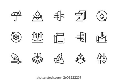 Fabric properties related vector linear icons set. Isolated icon collection such as density, lightness, strength, elasticity, stretch, softness and more. Isolated icon collection of fabric related.