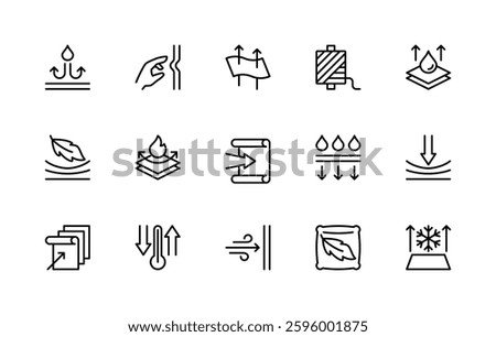 Fabric properties related vector linear icons set. Isolated icon collection such as waterproof, elasticity, threads, lightness, strength, fabric and more. Isolated icon collection of fabric related.