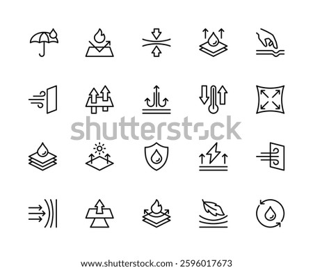 Fabric properties related vector linear icons set. Contains such icons as waterproof, elasticity, stretch, softness, fabric and more. Isolated fabric  related icons collection on white background.