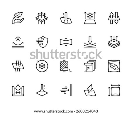 Fabric properties related vector linear icons set. Contains such icons as lightweight, breathable, durable, breathability and more. Isolated fabric  related icons collection on white background.