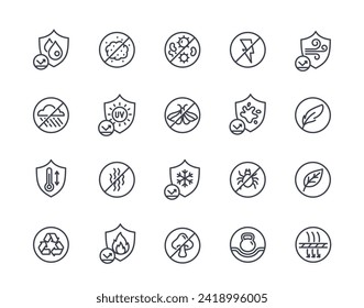 Fabric protection line icon set. Antibacterial, antistatic, fire and moisture resistant, durable, elastic and waterproof symbol. Outline simple vector collection isolated on white background