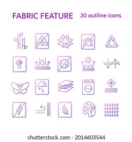 Fabric qualities outline icons set. Textile industry. Silk, natural dye, breathable material. Bamboo fiber. Moth protection. Gradient symbol. Isolated vector stock illustration