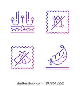 Características de calidad de tejido conjunto de iconos de vectores lineales degradados. Protección contra la polilla, textil ligero. A prueba de ácaros de polvo. Conjunto de símbolos de contorno de línea delgada. Colección de ilustraciones de esquemas vectoriales aislados