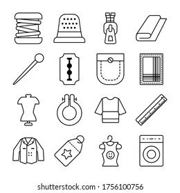 fabric roll and sewing icon set over white background, line style, vector illustration