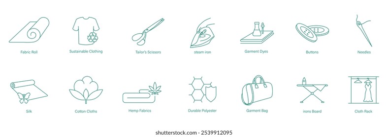 Rolo De Tecido, Roupas Sustentáveis, Tesoura Alfaiate, Ferro De Vapor, Tinturas De Vestuário, Botões, Agulhas, Seda, Pano De Algodão, Tecido De Cânhamo, Poliéster Durável, Saco De Vestuário, Placa De Ferro, Conjunto De Ícones De Pano De Rack