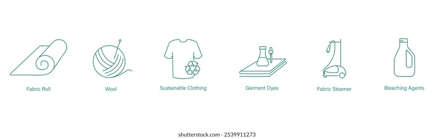 Fabric Roll, Wool, Sustainable Clothing, Garment Dyes, Fabric Steamer, Bleaching Agents Icon Set