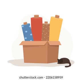 Fabric rolls in cardboard box. Sewing workshop or textile store concept. Seamstress accessories for handmade clothing. Vector illustration in flat cartoon style.