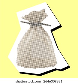 Saco de tecido pontilhado elemento de colagem em um vetor de papel rasgado, criado com pontilhismo. Uma representação artística texturizada para agricultura, comércio, bens naturais ou conceitos de armazenamento com um visual exclusivo 
