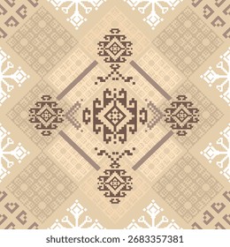 Fabric sameless pixel patterns, boho indian texture, embroidery design