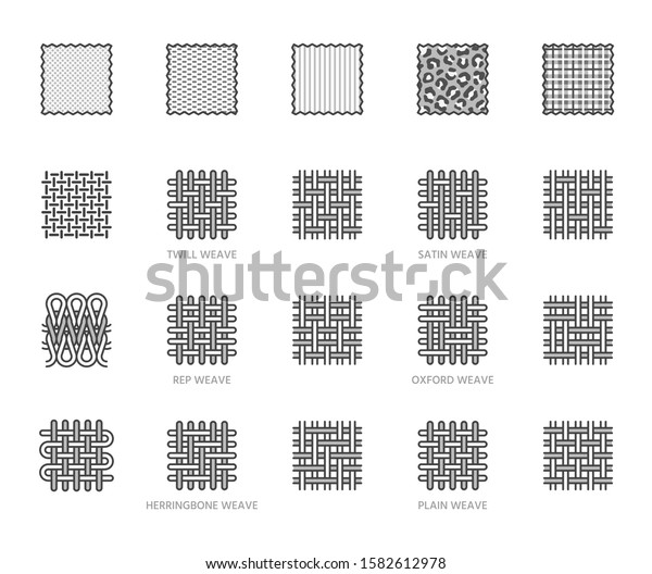 Fabric sample flat line icons set. Weave types,
different clothing materials, textile swatch, animal print, cotton,
velvet vector illustrations. Outline pictogram for tailor store.
Editable Strokes.