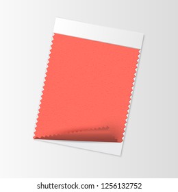 Fabric sample, textile swatch template for interior design mood board with Living Coral 2019 Color of the year. Trendy color palette, red piece of fabric. Vector illustration for advertising