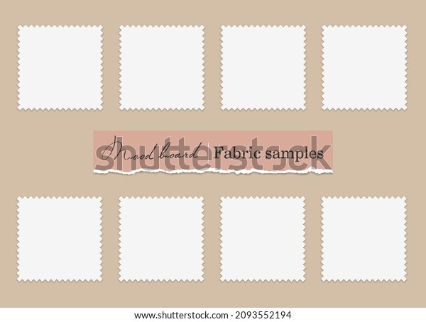Fabric samples Mood Board. Textile\
swatches set on a beige background. 8 Fabric pieces for\
presentation and design. Trendy Mockup. Vector Blank Template.\
EPS10.