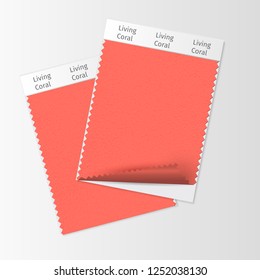 Fabric samples, textile swatch template for interior design mood board with Living Coral 2019 Color of the year. Trendy color palette, red piece of fabric. Vector illustration for blog posts