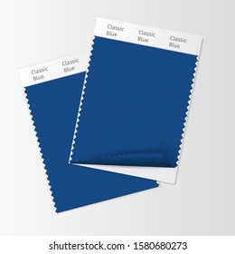 Fabric samples, textile swatch template for interior design mood board with Classic Blue 2020 Color of the year. Trendy color palette, vibrant piece of fabric. Vector illustration for blog posts